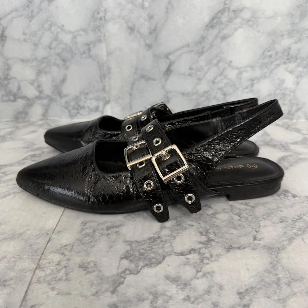 Lucky Step Slingback Flats 8.5 Black Grommet Buckle Pointed Toe Patent Edgy Punk